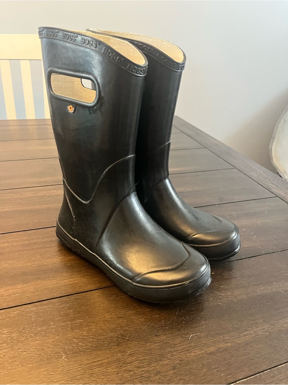 Bogs Kids Black Pull-On Rain Boots with Side Handles